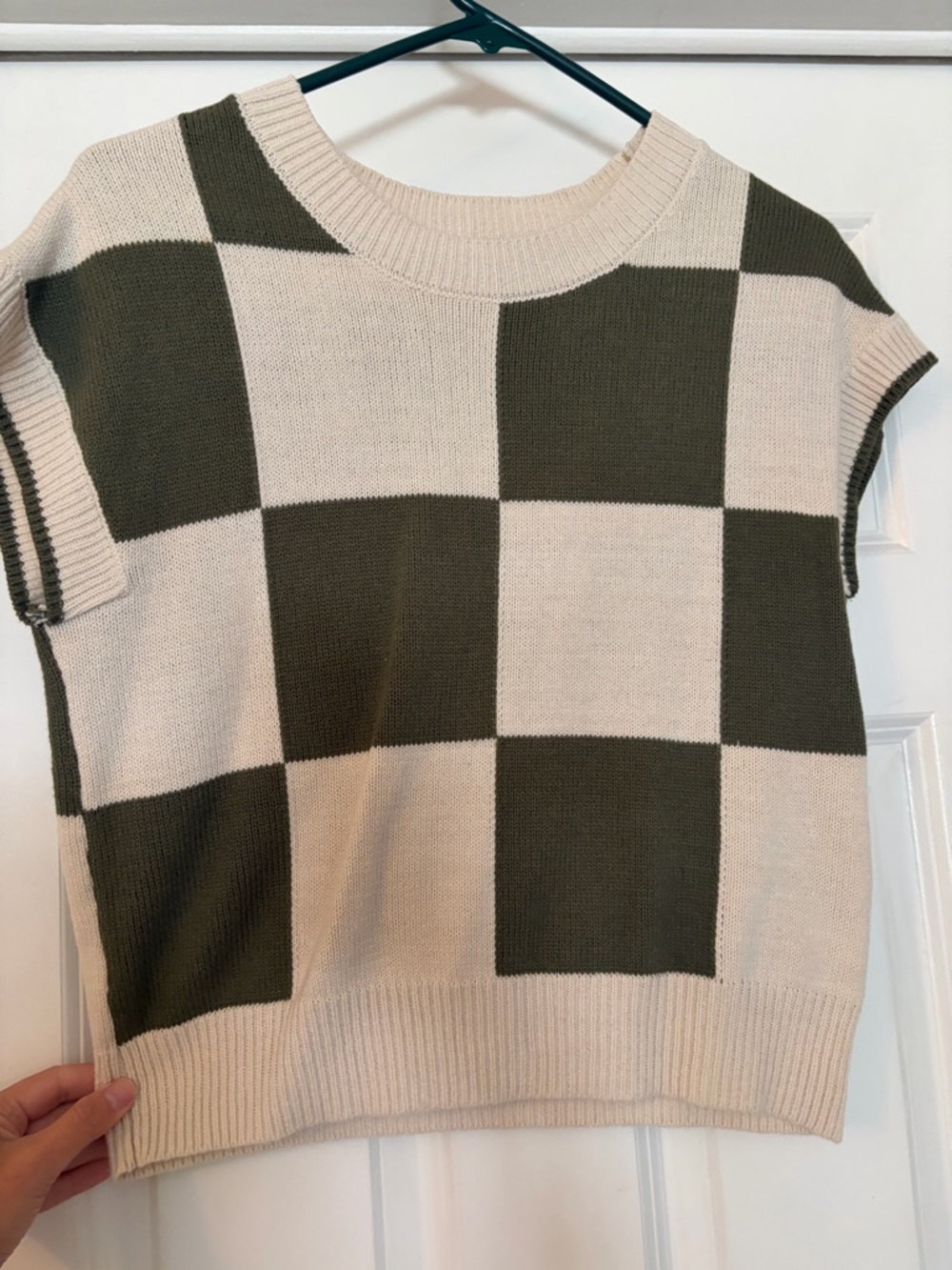 moon & madison Cream & Olive Checker Knit Sweater Vest